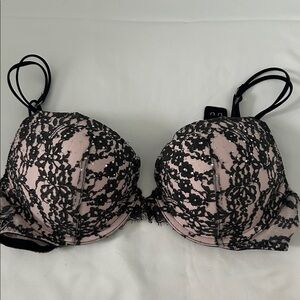 Victoria’s Secret black lace nude cream push up bra with rhinestones
